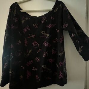 Black Long Sleeve Off the Shoulder Top with Pink and Purple Graphics